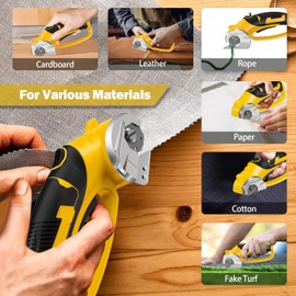 Cordless Electric Scissors - 4V Rechargeable Rotary Cutter with Safety Lock & LED Light, Heavy Duty Tool for Cardboard, Leather, Carpet, Plastic, Fabric, Crafting, Sewing & DIY, with Case (Yellow)