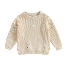 Geagodelia Baby Girls' Knitted Pullover Long Sleeve Crew Neck Flower Winter Warm Ribbed Knitting Chunky Top Soft Toddler Clothing Autumn Outwear, A Creamy