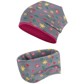 Smarilla Transition Hat + Tube Scarf Beanie Fabric Hat Girls Boys Set Loop Cotton, Gray-Pink Flowers