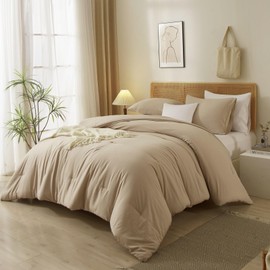 AMWAN Khaki Comforter Set King Size 3 Piece Farmhouse Khaki Bedding Set & Collections All Seasons Down Alternative Comforter Set Soft Fluffy Bed Set for Men Women 1 King Comforter with 2 Pillowcases