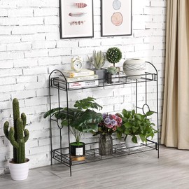 Topeakmart 2-Tier Metal Plant Stand Outdoor/Indoor Flower Stand Rack w/Tray Design for Garden and Home Black，33.5 x 13.4 x 31.9in. W x D x H