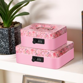 Vintage Floral Cash Box with Combination Lock,Metal Safe and Money Tray for Security,7.87"x 6.30"x 3.54" (Medium)