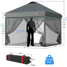 RELAX FIELD Pop Up Canopy Tent with Mosquito Netting, 10x10ft Portable Screened Shelter for Yard, Party, Camping and Outdoor 3 Height Positions, Patio Gazebo with Roller Bag and 4 Sandbags