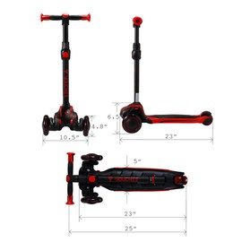 Youchee 3 Wheels Kick Scooter for Kids Ages 5-12, with Built-in LED Light-Up Wheels, Adjustable Handlebar, Lean-to-Steer Self Balancing, Non-Slip Deck and Reliable Brake. (Red)