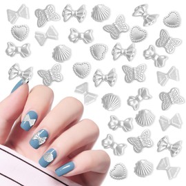 WOKOTO 120Pcs White Pearls Nail Charms for Acrylic Nails Butterfly Bows Hearts Shell Pearls Nail Art Charms Jewelrys Nail Pearls for Women Nail Art Accessory Pearls for Nails Designs 3D Charms