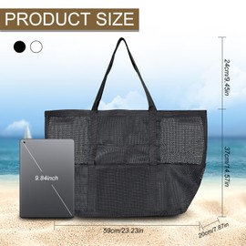 Energather Damen Strandtasche, Mesh Beach Bag Tote Bag mit Mehrfachtaschen, Portable Handtaschen Organizer-Tasche mit Griffen für Strand Fitness,Studio, Studentenwohnheim (weiß)