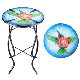 VCUTEKA Patio Side Table Outdoor Accent Table Bistro Coffee Table Plant End Table Small Porch Table Indoor Round Glass Balcony Plant Table Stands Hummingbird 14''