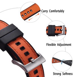 PTFULUOS Premium Upgrades Soft Hybrid (Fkm/Fpm Rubber and Sailcloth) Watch Bands for Men,20mm 22mm Waterproof Quick Release Replacement Watch Straps,Silver/Black/Gold/Rose Gold Brushed Buckle (22mm, Black Orange+Silver Buckle)