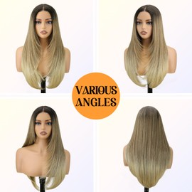 NOSTALGIA Ombre Blonde Wear and Go Glueless Wigs Pre Plucked Pre Cut for Beginners Synthetic Lace Front Wigs With Bangs Blonde Long Layered Straight Wigs