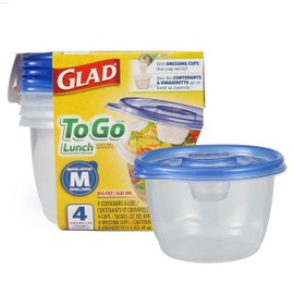 Glad GladWare To Go Lunch Food Storage Containers with Lids, Medium Round BPA Free Plastic with Built-In Dressing Cup for Salads and Lunches, Microwave Dishwasher Safe, 32 Oz, 4 Count