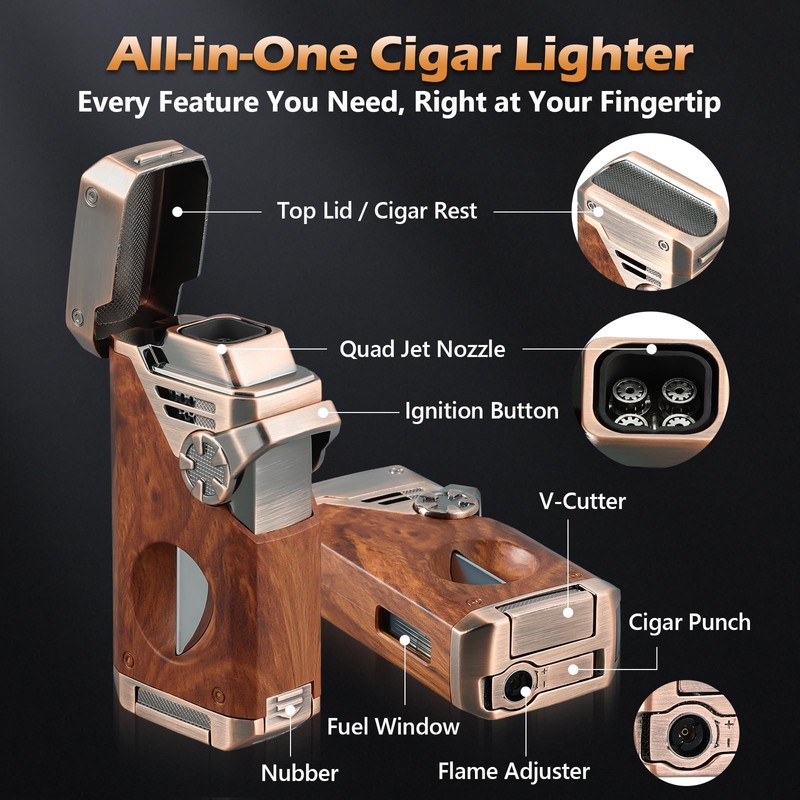 Joyoldelf Cigar Torch Lighter Quad Flame - Refillable Jet Butane