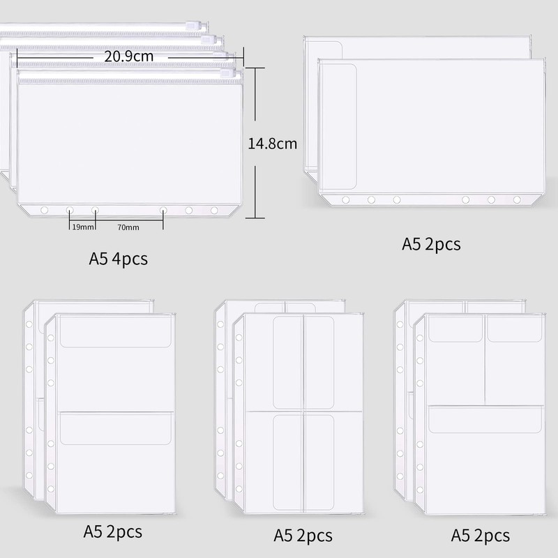 Skycase A5 Binder Pockets, 6-Hole Zipper Pockets Plastic Loose-Leaf Folders,