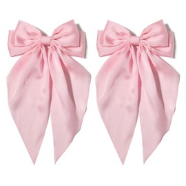 Furling Pompoms Hair Bows for Women - Pack of 2 Light Pink Hair Bow Clips for Girls Satin Big Bows Long Tail Alligator Clip Ribbon Hair Barrette Hair Accessories for Bridal Bachelorette Party