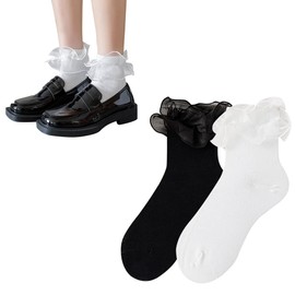 FASELE Lolita Cotton Socks, Women's, Ankle Socks, Set of 2, Atmosphere, Women's, Ruffles, All Seasons, School Socks, Soft, Cute, Gentle, For Women, Students, High School Students, Adults, Black +