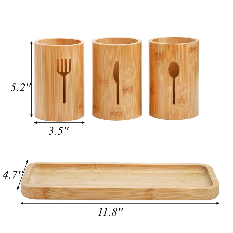 Lyellfe Silverware Holder, Bamboo Utensil Organizer with Tray, Rustic Farmhouse