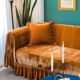 Velvet Sofa Cover Soft Decorative Luxurious Solid Exquisite Ruffle Trim,Retro Farmhouse Vintage Sofa Slipcover Couch Furniture Protector for 2-3 Cushion Sofa for Living Room 1PC 71x134IN Golden Camel