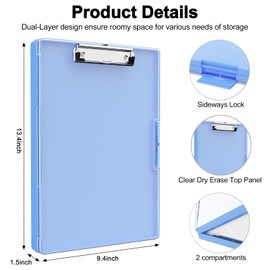 Piasoenc Clipboard with Storage, 8.5x11 Clip Boards with 2 Storage Case and A4 Paper Folder, Clear Dry Erase Top Panel, Heavy Duty Plastic, Folio & Side-Opening, for Nurses, Teacher, Lawers, Blue
