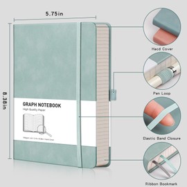 RETTACY Graph Paper Notebook A5 320 Pages Grid Notebook Thick Journal, 100gsm Thick Graph Paper, Leather Hardcover, Inner Pocket, for Office School Work Women Men14.5 x 21cm - Gray Blue
