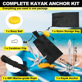 FLKQC Kayak Anchor Kit, 3.5lbs Folding Kayak Anchor Kit with 40ft Rope, Nylon Storage Bag, 1.5kg Grapnel Boat Anchor Kit for Kayaks, Paddle Boards, Canoes, SUP Boards, Jet Skis & Small Boats