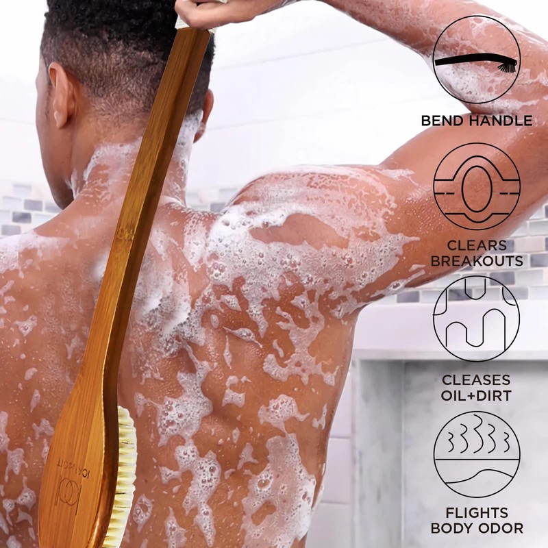 ICANdOIT-17.71Inch Natural Stiff Sisal Bristles Anti-Slip Curved Long Handle Bath