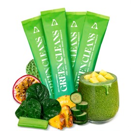 Amorasana Green Cleans - Jugo Verde en Polvo Tropical con Piña, Maracuyá, Pepino, Espinaca, Apio y Nopal Liofilizado - Caja con 4 Sobres - Sin Azúcar, Vegano, Sin Gluten y 100% Natural
