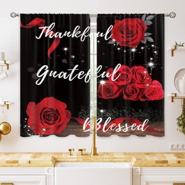 oolygoo Red Rose Flower Small Kitchen Curtains Floral Inspirational Quotes Window Treatment Black Red Valentine Cafe Short Curtains for Bathroom Dining Laundry Room Tier Treatment Drapes 27.5x39 inch