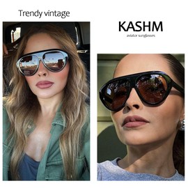 Kashm Retro Oversized Aviator Sunglasses for Women Vintage Trendy 70s Large Aviators Sun Glasses UV Protection Black Brown