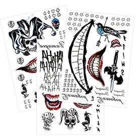 Set de 6 hojas de tatuajes temporales de Halloween de PADOUN, Joker temporales de tatuajes y escuadrón suicida Harley Quinn tatuajes de cuerpo completo para disfraz cosplay accesorio de fiesta