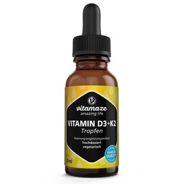 Vitamin D3 + K2 drops, highly dosed and vegetarian, 50 ml (1700 drops), 1000 IU vitamin D3 + K2 liquid, more than 99.7% All-Trans MK-7, without unnecessary additives, made in Germany
