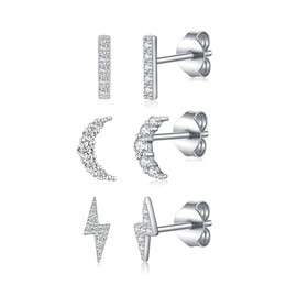 Silver Stud Earrings for Women, 3 Pairs Silver Small Stud Earrings, Moon Bar Lighting Studs Earrings Set, Cubic Zirconia Silver Studs Jewelry Gift for Girls Teens
