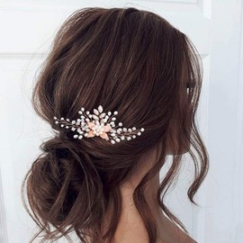 Ushiny Pearl Bride Wedding Hair Comb Crystal Bridal Hair Accessories Rhinestone Headpiece for Women and Girls (Rose Gold)