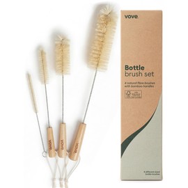 Vove Bottle Brush Set, 4 Natural Sisal Bottle Brushes with Long Bamboo Handles, Plastic-Free Bottle & Straw Cleaner Set, Zero Waste, Stainless Steel W