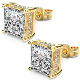 TATCAI 18K White Gold Plated Sterling Silver Princess Cut Square Cubic Zirconia Stud Earrings for Women Men Clear CZ Diamond Stud Earrings (8MM, Gold)