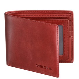 VISOUL Men's Leather Wallet with ID Window, RFID Protection, Genuine Leather Wallet for Men, red, Leather