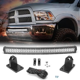DaSen 32 inch Curved LED Light Bar & Front Hidden Bumper Tow Hooks Grille Mount Brackets Kit Compatible with Dodge RAM 2500 2010-2019, Fit RAM 3500 2010-2019