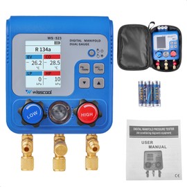 WISSCOOL Dual Digital Gauges HVAC, R12,R22,R134A,R410,R502,R1234yf Vacuum Pressure Manifold Gauge 3 Way Color LCD Sight Glass 92 Refrigerants Leak Detection Test Gauge for AC Charging
