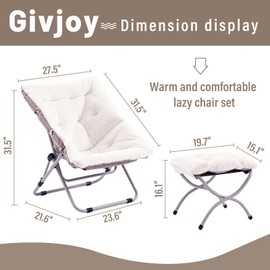 Givjoy Comfy Folded Chair with Ottoman, Oversized Folding Faux Fur Chair Soft Furry Lounge Lazy Chair with Metal Frame Moon Chair Accent Chair for Bedroom, Living Room, Dorm Rooms