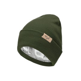 Curly Girl - Gorro de punto con forro de satén para mujer, acrílico, para invierno, suave, cálido, unisex, con puños, Verde, Talla única