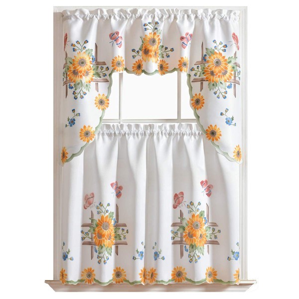 3pcs Kitchen Cafe Curtain Set Air Brushed by Hand of Sunflower and Butterfly Design on Thick Satin Fabric (Swag and 36 inches Tiers Set)