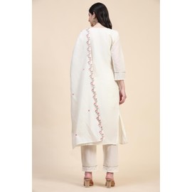 TRENDMALLS Women's Schiffli Pure Cotton Embroidery Salwar Suit Set Kurta Pant with Dupatta (G156-Offwhite-S)