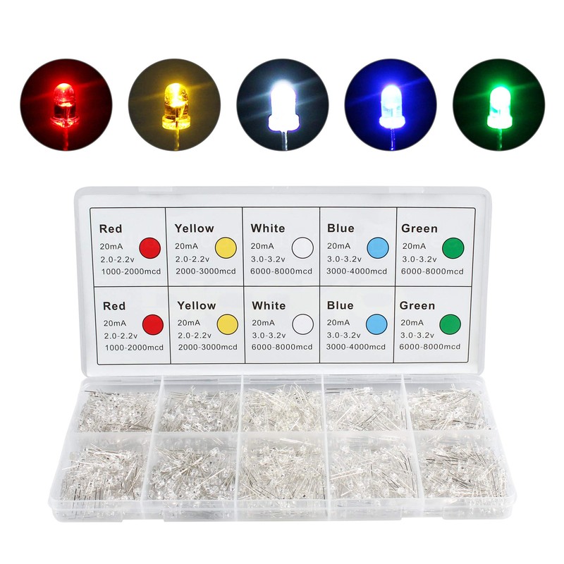 DiCUNO 1000pcs 3mm Light Emitting Diode LED Lamp Assorted Kit