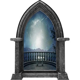 24" Castle Scape Balcony Mountain View Granite 3D Window Wall Decal Medieval Fantasy Landscape Removable Fabric Vinyl Wall Sticker Boys Room Decor - 24" Tall x 18" Wide