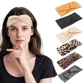 EXIPSAT Haarbänder Damen 8 PCS, Breite Elastische Weiche Stirnbänder, Sommer Boho Print Haarschmuck für Yoga Sport, Schwarz & Leo Styles