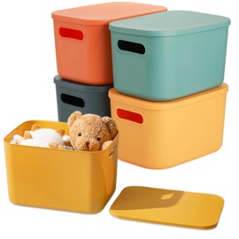 Exquilnova Pack of 4 Storage Boxes with Lid, Stackable Plastic Organiser Boxes, Storage Containers, Bathroom Organiser, Storage Boxes for Kitchen, Office, Bedroom, Living Room (Colourful)