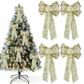 YankMooM 4Pcs Christmas Bows for Tree,31x19cm Glitter Gold Christmas Tree Decoration Bows Wreaths Bows Xmas Decorative Bows for Christmas Home Party Decorations