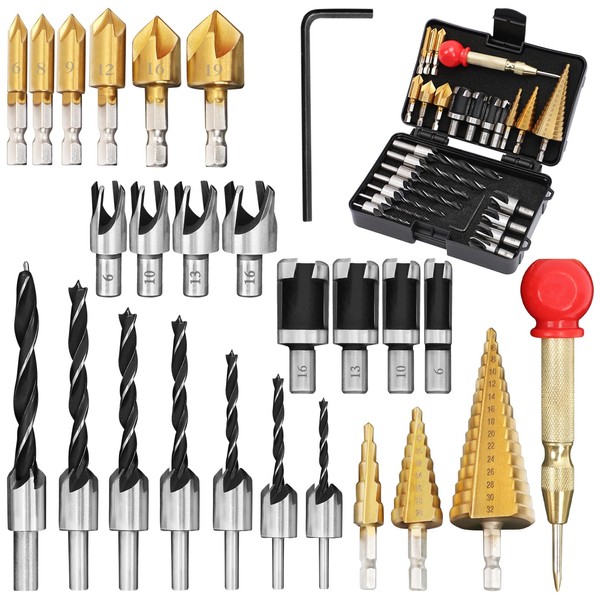 LAMPTOP 26-Pack Woodworking Chamfer Drilling Tools Including Countersink Drill Bits, 3-Pointed Countersink Drill Bit with L-Wrench, Wood Plug Cutter, Step Drill Bit, and Automatic Center Punch