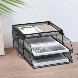 3 Tiers Desk Mesh Organizer, Desktop Metal Letter Mesh Tray, Office Desk Paper Tray Organizer with Mesh Sides, File Magazine Mail Organizer Tray, Tabletop Mesh Storage Holder for Home and Office