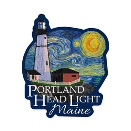 Die Cut Sticker Portland Head Lighthouse, Maine, Starry Night, Contour Vinyl Sticker 3 to 6 inches, (Waterproof Decal for Cars, Water Bottles, Laptops, Coolers), Large