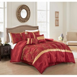 Chezmoi Collection Martha 7-Piece Floral Vine Embroidered Comforter Set King Size - Burgundy/Gold Faux Silk Comforter Soft Lightweight Breathable Bedding