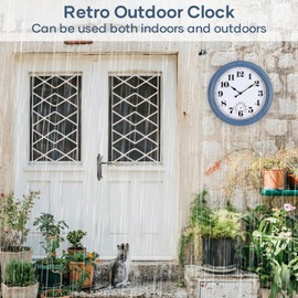 Aurowit Outdoor Wall Clock 12 Inch Waterproof Outdoor Clocks with Thermometer Wall Clock Battery Operated Non-Ticking for Patio Pool Garden, Retro Light Blue